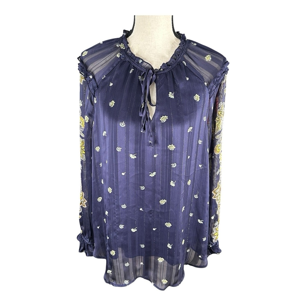 FIG AND FLOWERS NAVY BLUE WITH FLOWERS LONG SLEEVE LINED BLOUSE‎ SIZE XL
